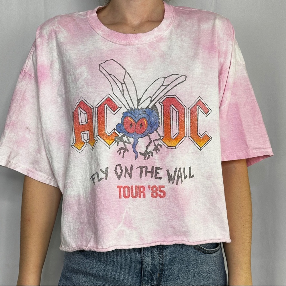 AC/DC Tie Dye Cropped Fly On The Wall Shirt Tour Band Boyfriend Raw Hem Pink